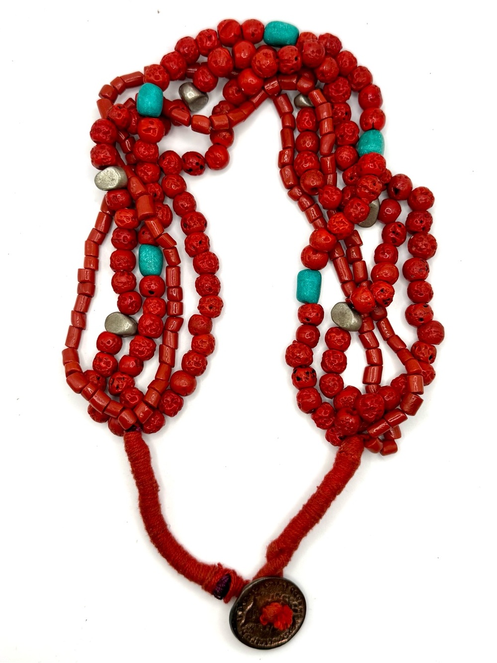 Vintage Tibetan Style Necklace with red coral and turquoise beads with coin clo